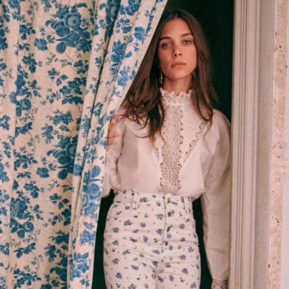 Sezane Laurianne Blouse White Long Sleeve Cotton Embroidered Top Size 34 US 2 - Picture 2 of 10